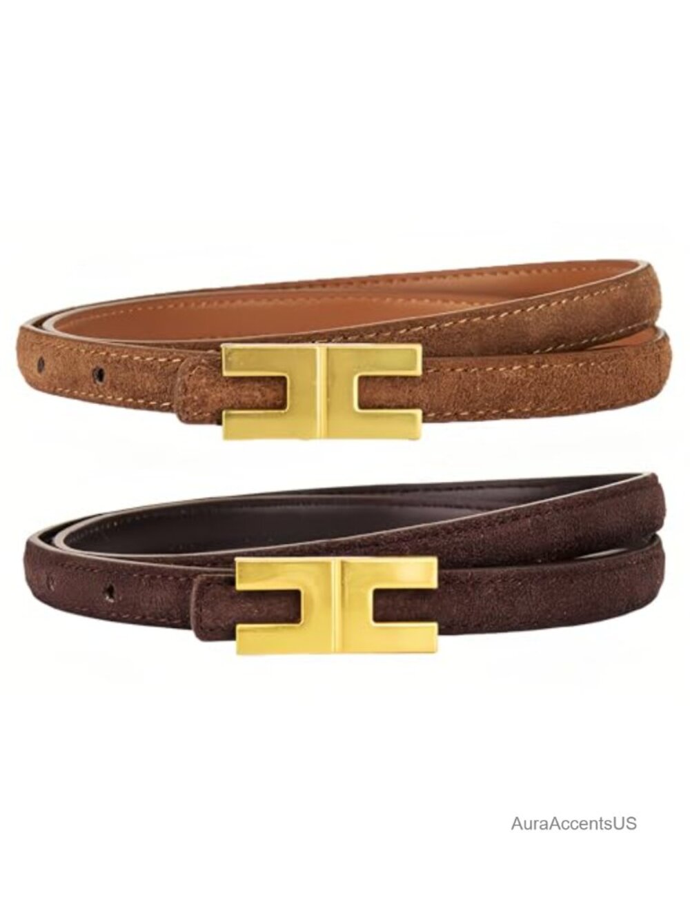 Women's Suede Leather Skinny Belt Gold Buckle Dress Jeans Waist Belt